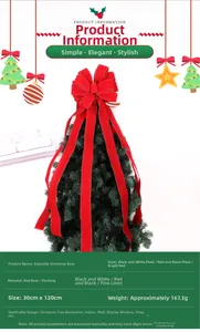Grand nœud de Noël floqué rouge pour cime de sapin aux dimensions de 30x120 cm