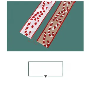 Detail of 6.3cm Christmas ribbons featuring glitter candy cane patterns with wired edges