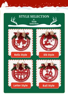 Détail de quatre couronnes de Noël festives en bois rouge avec nœuds et aiguilles de pin