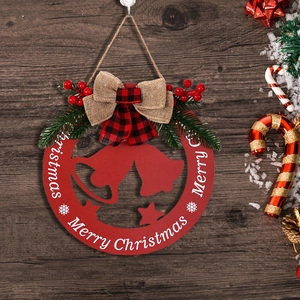 Panneau de porte de Noël rouge en bois avec cloches, étoiles et nœud en toile de jute