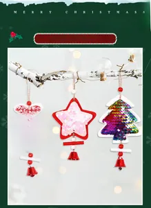 Close-up of Christmas tree pendants with red sequins, wooden beads and small bells