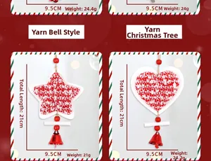 Detailed view of woven star and heart Christmas ornaments with bells and wooden beads