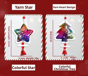 Detailed dimensions of star and tree Christmas pendants with sequins and wood bells