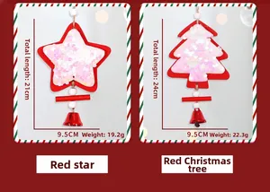 Close-up of red sequined Christmas tree and star ornaments with wood beads and bells