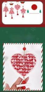 Detail of wooden Christmas ornaments with red white weaving and small red bell accents