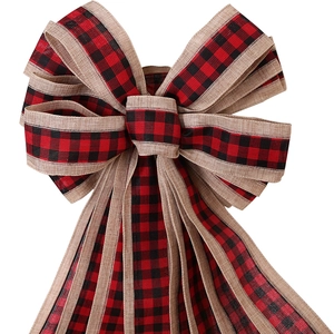 Grande fiocco natalizio a quadretti rossi con bordo in lino per decorazione dell'albero