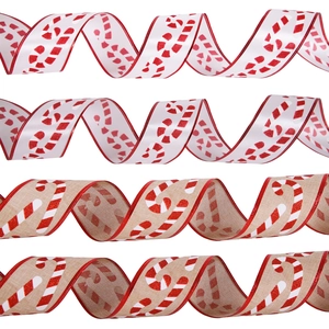 Christmas ribbon set with red candy cane patterns on white satin and natural burlap fabric