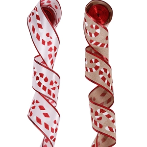 Christmas ribbon set with candy cane prints on white satin and natural faux burlap rolls