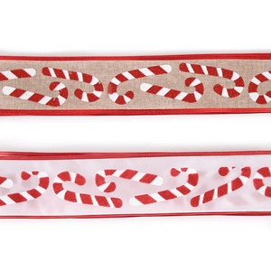 Red and white candy cane print Christmas ribbons in linen and satin textures on white background