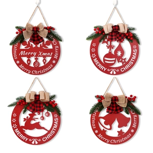 Lot de 4 couronnes de Noël rouges en bois avec renne et inscription Merry Xmas