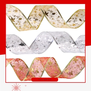 Three-color festive sheer ribbons with gold foil star and music note patterns