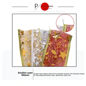 Close-up of double-layered Christmas sheer ribbon with gold stars and wire edges