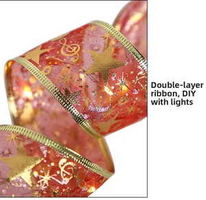 Double-layer red mesh ribbon with gold stars and musical notes for DIY gift wrapping