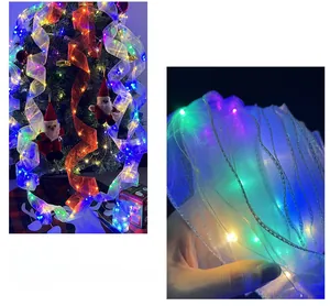 Detail of Christmas LED mesh ribbon with glowing colorful lights for tree decoration