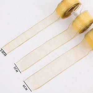 5cm yellow organza Christmas ribbons with gold metallic edges for festive tree decoration