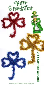 Nahaufnahme von glitzernden St. Patrick's Day Girlanden in Rot, Gold und Blautönen