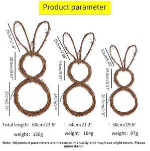 Detailed size chart for handmade natural rattan Easter bunny wreaths in three sizes