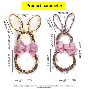 Easter bunny rattan wreath with pink glitter bow and LED lights in two sizes