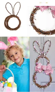 Foldable Easter bunny rattan wreath with pink glitter bow and purple LED lights