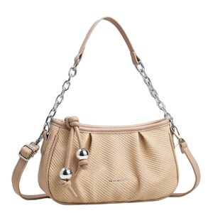 Beige woven cloud bag with silver chain strap and metal ball charm for women