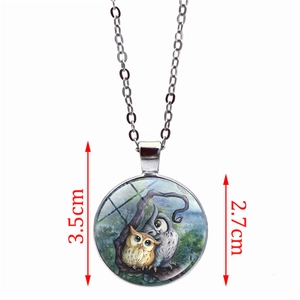 Cute owl time gem pendant necklace with silver sweater chain and glass dome illustration