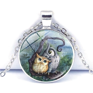 Vintage Owl Rabbit Illustration Pendant Necklace Zinc Alloy Glass Time Gem Cabochon Long Chain Necklace Women Men Jewelry