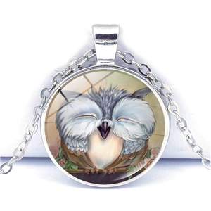 Silver owl pendant necklace with a cute glass cabochon art charm on a link chain