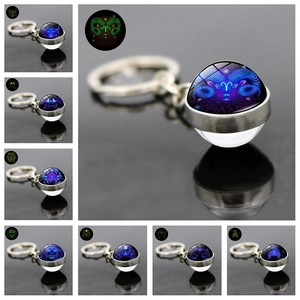 Luminous 12 Zodiac Signs Keychain Double Sided Glass Ball Glow In The Dark Constellation Pendant Zinc Alloy Keyring Gift