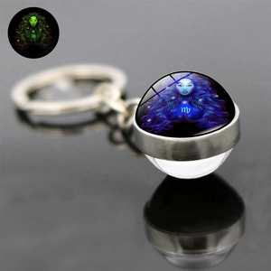 Macro detail of Virgo zodiac double-sided glass ball keychain with silver metal base