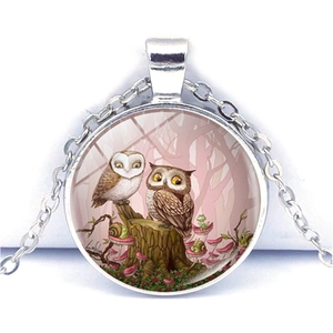 Charming owl glass cabochon pendant necklace with silver link chain for women