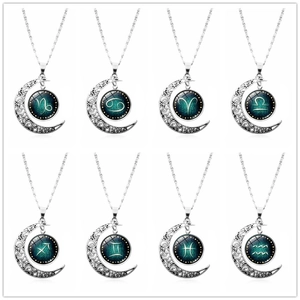 Zodiac Constellation Necklace Crescent Moon Pendant Starry Sky Glass Cabochon Hollow Alloy Jewelry Unisex Retro