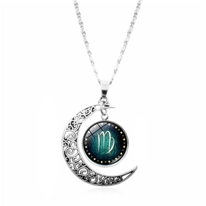Silver crescent moon necklace with Virgo zodiac glass cabochon on a celestial background