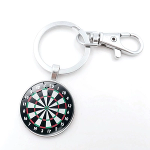 Vintage metal dartboard keychain with glass pendant and silver lobster clasp