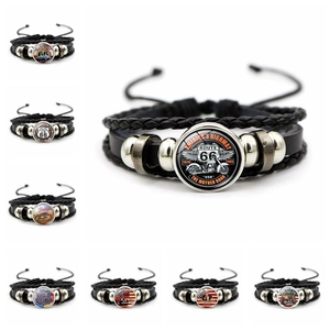 Bracelet en Cuir Tressé Vintage Route 66 Multicouche Style Punk Biker Bijoux de Main Avec Cabochon en Verre pour Hommes Femmes Cadeau
