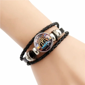 Bracelet multicouche en cuir Route 66 vintage avec voiture rétro et cabochon en verre