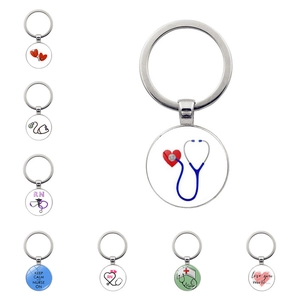 Medical Nurse Keychain Zinc Alloy Glass Cabochon Stethoscope Syringe Key Ring Professional Nurse Appreciation Gift