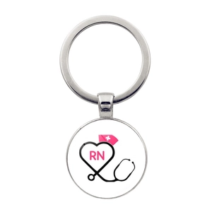 Detail of RN nurse stethoscope heart pattern on a silver metal keychain pendant
