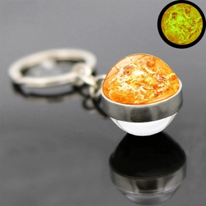 Detail showing solar nebula glass ball pendant with bright yellow luminous glow