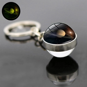 Macro view of solar system Saturn glass ball keychain with luminous glow effect