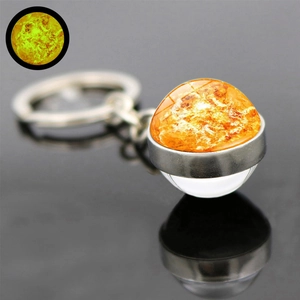 Macro detail of glowing glass ball keychain featuring a solar system planet and silver ring