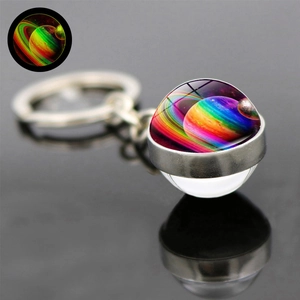 Double-sided solar system galaxy glass ball keychain with luminous nebula planet pendant
