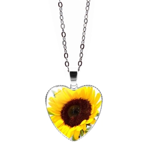 Collana con ciondolo a cuore argento con motivo a girasole giallo in vetro cabochon