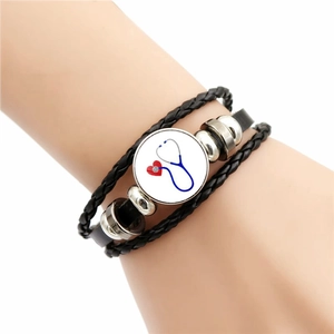 Handmade leather multilayer bracelet with medical stethoscope and heart glass dome charm