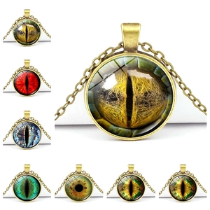 Vintage Bronze Alloy Glass Time Gemstone Dragon Eye Pendant Necklace Gothic Cat Evil Eye Jewelry For Women Men