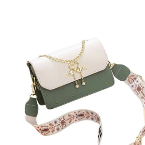 Fashion heart-quilted crossbody square bag with pearl swan charm and wide graphic strap