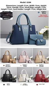 Three-piece handbag set macro showing pebbled texture and metal logo details