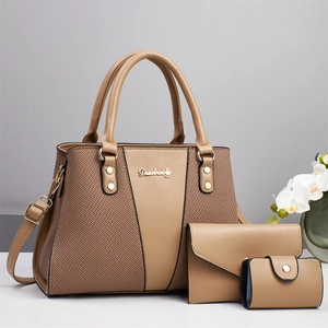 Three-piece fashion handbag set with color-block stitching and adjustable shoulder strap