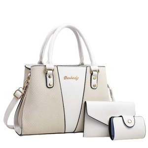 Three-piece beige patchwork tote bag set with matching wallet and shoulder strap