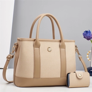 Ensemble Sac Cabas Femme en Toile et Cuir PU Épissé Boucle Florale Sac à Épaule Avec Petite Pochette Sac de Travail