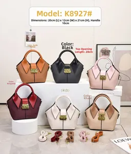 Chic multi-color PU leather bucket handbags in black, yellow, white, and red displayed